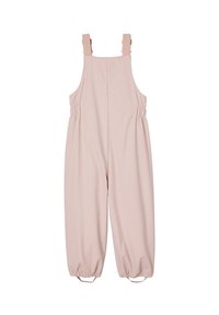 Rosa, weicher Stoff-Overall mit verstellbaren Trägern, elastischem Bund und schmal zulaufenden Beinen. Verfügt über eine glatte Textur und ein einfaches Design.