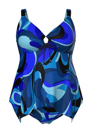 Blauw abstract patroon dames tankini met sleutelgat aan de voorkant en verstelbare tie bij de buste, met brede bandjes en asymmetrische zoom.