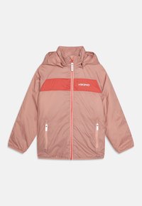Casaco isolado rosa claro com um painel peitoral vermelho, capuz, fecho frontal e bolsos laterais com detalhes brancos. Logótipo "VIKING" bordado.
