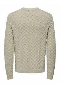 Pull en beige clair avec une texture et un motif géométrique, manches à bords-côtes et ourlet. Encolure ronde et manches longues.