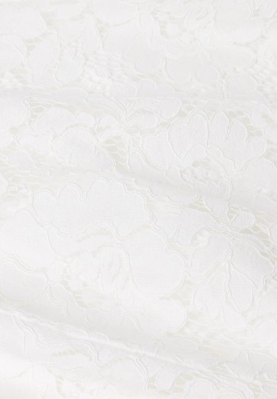 Λευκό ύφασμα με floral δαντελένιο σχέδιο που διαθέτει ανάγλυφη κέντημα και διαφανή τμήματα, δείχνοντας υφή και στρωματοποιημένα σχεδιαστικά στοιχεία.