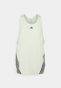 Débardeur de sport vert clair avec des bandes latérales noires, fabriqué en tissu lisse. Il présente un col rond et des emmanchures larges.