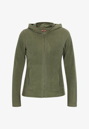 Giacca in pile verde oliva con zip frontale, cappuccio e maniche lunghe. Presenta una texture liscia e due tasche laterali.