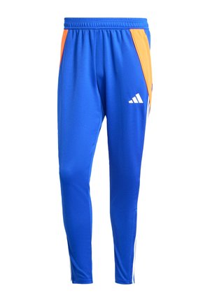 Pantaloni sportivi blu con pannelli laterali arancioni, cintura elastica e logo bianco sulla coscia sinistra. Realizzati in tessuto liscio e leggero.