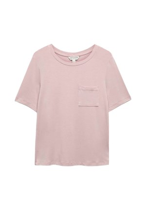 Lyserød kortærmet bomulds-T-shirt med rund halsudskæring og lille brystlomme på venstre side.