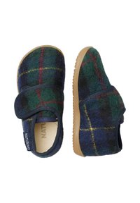 Groene en marineblauwe wollen pantoffels met een ruitenpatroon, voorzien van een klittenbandsluiting, een gepolsterde kraag en een rubberen zool voor grip.