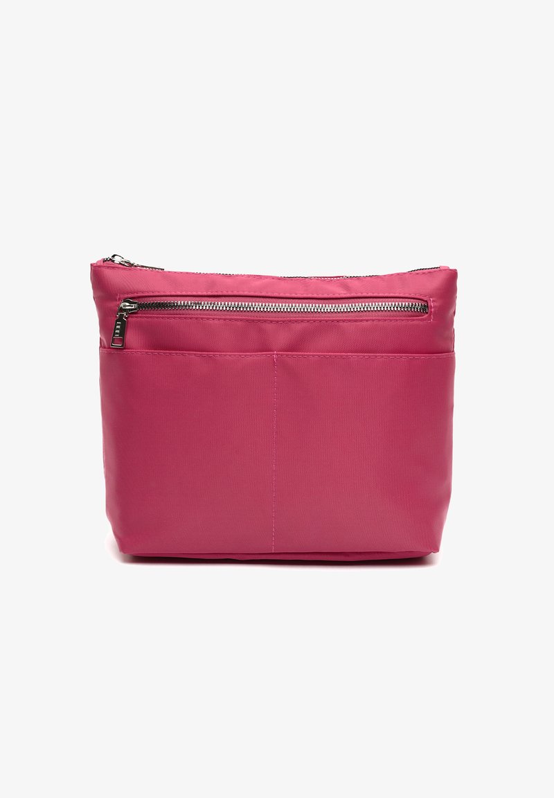 Pink nylon bag with a top zip closure, front zip pocket, and smooth texture. Square shape with subtle stitching detail.