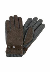Bruine en grijze handschoenen van wol en gebreid materiaal, met een bruine suede band met een drukknoop en ribbelmanchetten.