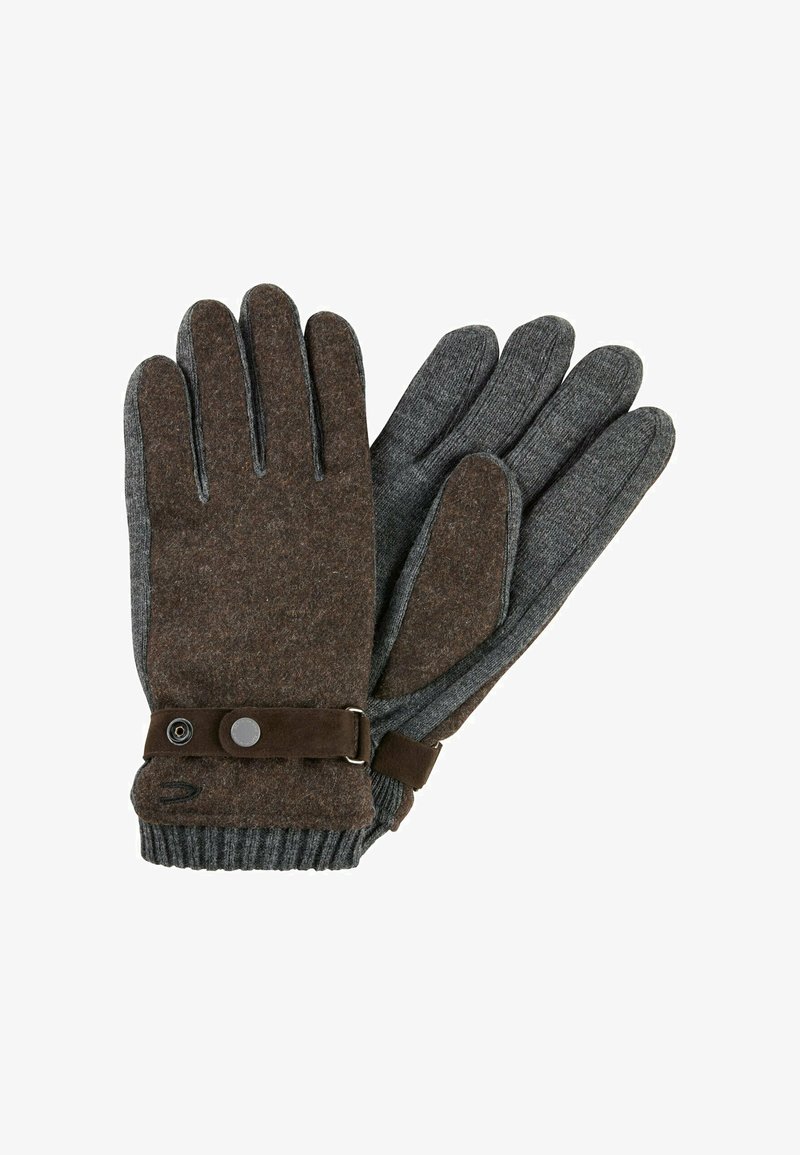 Braune und graue Handschuhe aus Wolle und Strickstoff, ausgestattet mit einem braunen Wildlederriemen mit Druckknopf und gerippten Bündchen.