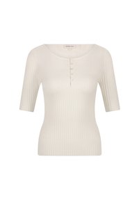 Geribbeld topje met korte mouwen in off-white. Beschikt over een ronde halslijn en vijf doorzichtige knopen aan de voorkant. Zachte, gestructureerde stof.