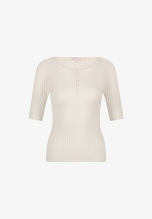 Rippendes, kurzärmliges Oberteil in Off-White. Mit einem runden Halsausschnitt und fünf transparenten Knöpfen an der Vorderseite. Weicher, texturierter Stoff.