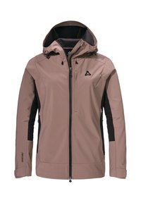 Water-resistant jacket in soft, muted mauve with black side panels. Features a front zipper, adjustable hood, and cuff details.