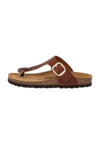 Sandal in pelle marrone con suola in sughero texture, cinturino regolabile con fibbia e suola in gomma nera per una buona aderenza.