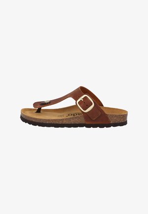 Braune Leder-Flip-Flop-Sandale mit einem strukturierten Korkfußbett, verstellbarem Riemen mit Schnalle und einer schwarzen Gummisohle für besseren Halt.