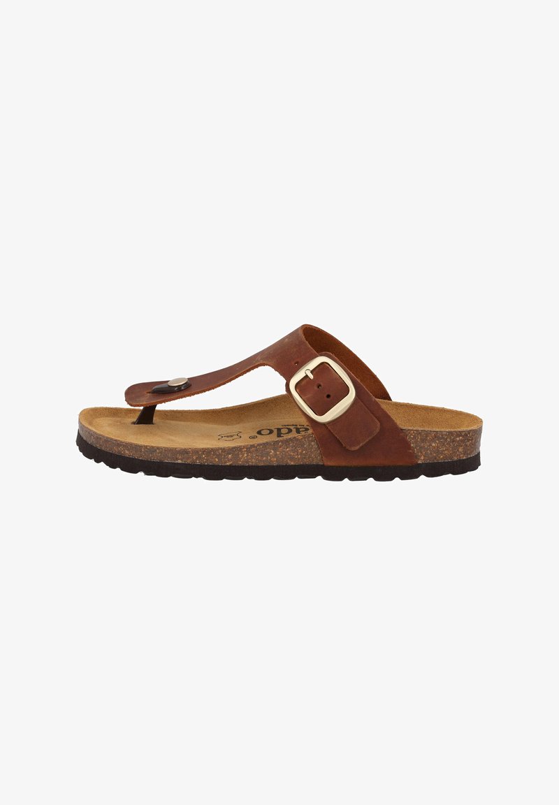 Brown leather flip-flop sandal with a textured cork footbed, adjustable buckle strap, and a black rubber sole for grip.