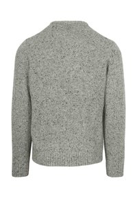 Gray sweater featuring a textured knit design, round neckline, and ribbed cuffs. The material displays subtle flecks of darker shades.
