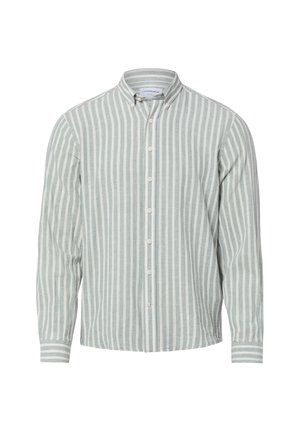 Overhemd met lange mouwen en knopen, met verticale witte en lichtgroene strepen, knoopsluiting bij de kraag en knoopmanchetten.
