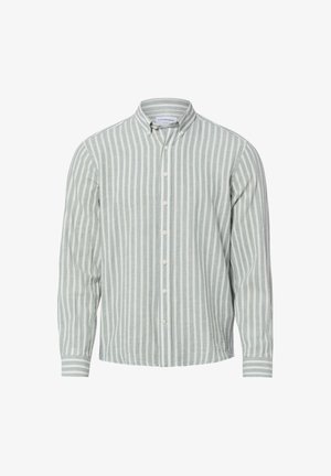 Chemise à manches longues boutonnée avec rayures verticales blanches et vert clair, col boutonné et poignets boutonnés.