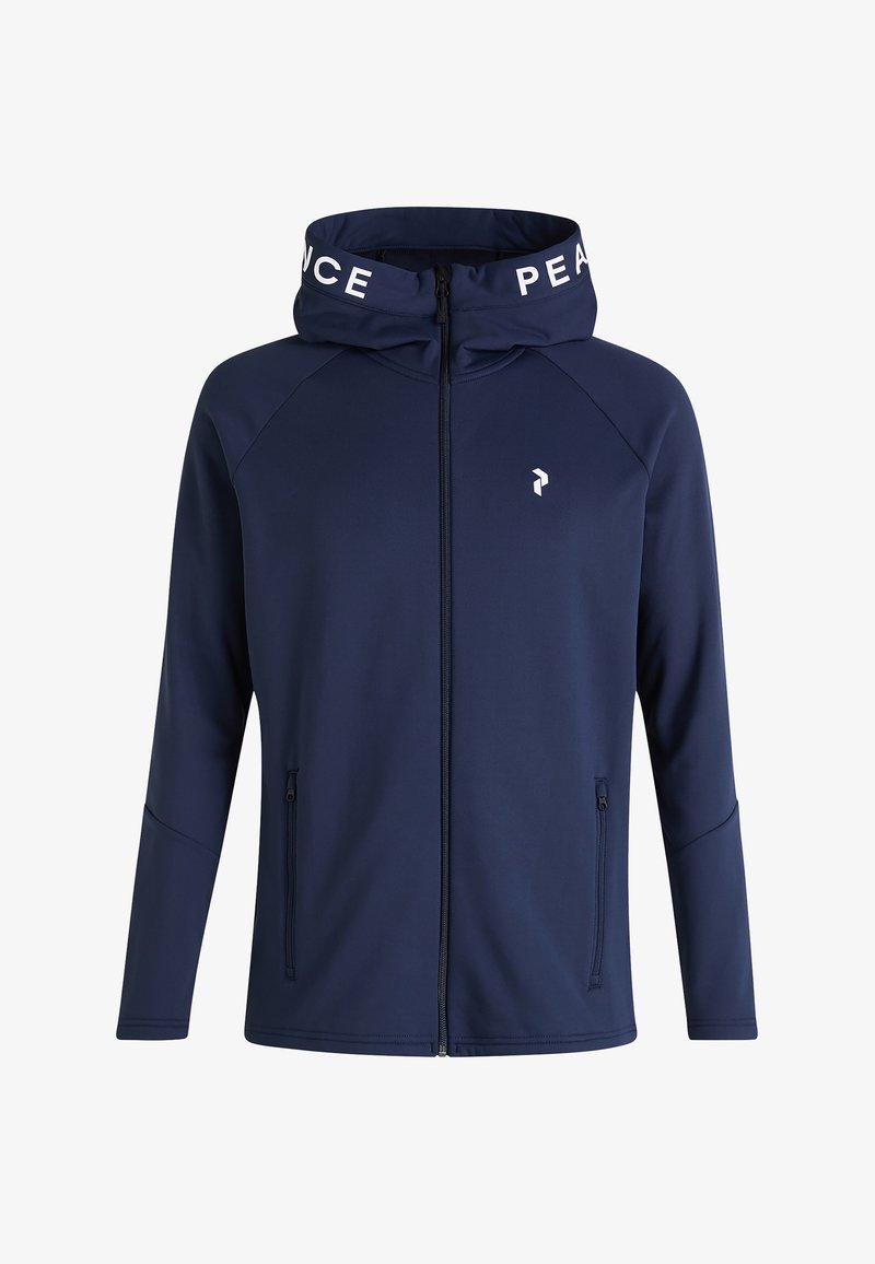 Felpa con zip di colore navy, dotata di un alto colletto, con testo bianco "PEACE", tasche laterali e un logo sul petto. Realizzata in un materiale morbido e elasticizzato.