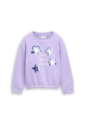 Lilac sweatshirt with long sleeves, featuring four silver sequin flower shapes and the text "Kind like a flower" in the center.