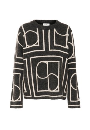 Dark gray sweater with a crew neckline, featuring white geometric patterns of squares and circles. Made from textured knit material.