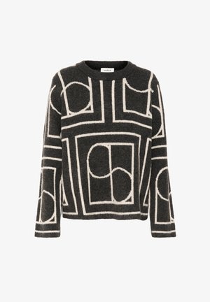 Pull en gris foncé avec un col rond, orné de motifs géométriques blancs en carrés et cercles. Fabriqué en maille texturée.