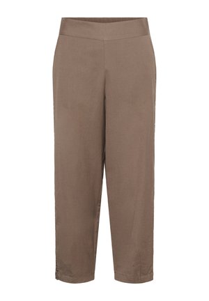 Brązowe, wysokie spodnie o kroju cropped z elastycznym pasem i guzikami przy nogawkach na białym tle.