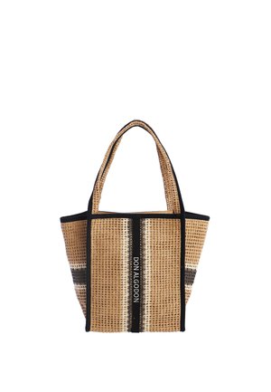 Bolso tote de color tostado tejido con ribete y asas negras, con una franja negra vertical y el texto "DON ALGODON" en el centro delantero.