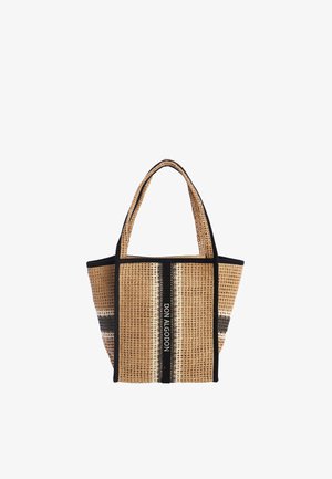 Bolso tote de color tostado tejido con ribete y asas negras, con una franja negra vertical y el texto "DON ALGODON" en el centro delantero.