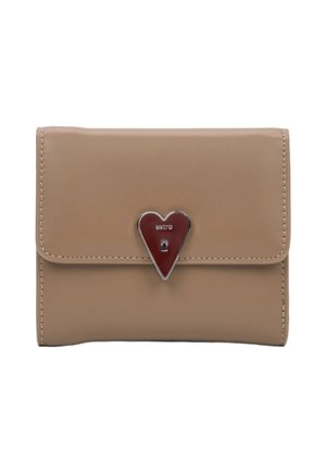Tan leather wallet with a heart-shaped, red enamel accent and silver hardware. Includes stitched detailing and a fold-over design.