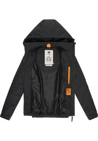 Black jacket with a hood, featuring an orange zipper pocket and logo accents. Interior has a patterned lining and a care label.