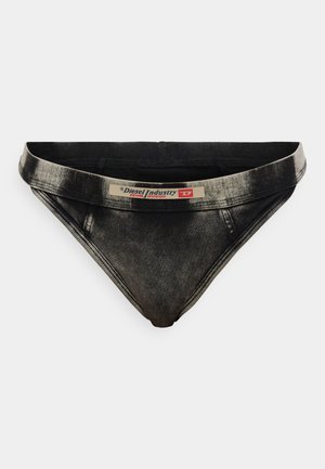 Culotte bikini en denim noir avec une texture délavée, dotée d'une ceinture élastique marquée et de coutures lisses.