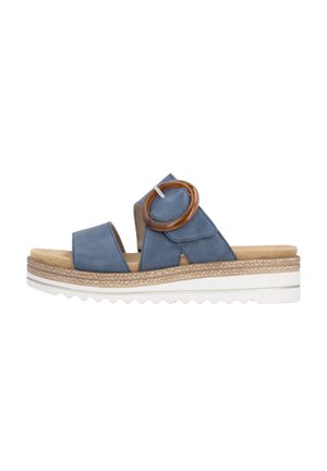 Blue leather sandal with two wide straps, a circular accent, and a textured wedge sole. Features a natural color midsole and white outsole.