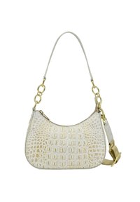 Witte leren handtas met krokodillenstructuur, gebogen vorm, gouden hardware en een afneembare strap. Voorzien van een ritssluiting en accentstiksel.