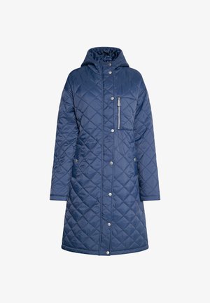 Abrigo acolchado color navy con capucha, que cuenta con botones a presión, un bolsillo frontal con cremallera y un diseño de longitud media con una textura suave y brillante.