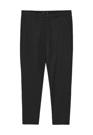 Schwarze Hose aus strukturiertem Stoff, mit Fronttaschen, Knopfverschluss und einer schmalen, taillierten Passform.