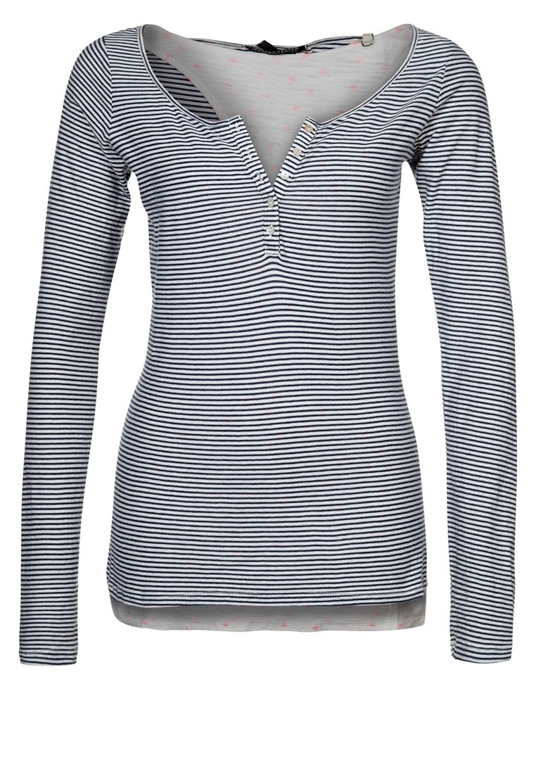Gestreepte langesleeve shirt in marineblauw en wit, met een V-hals, drie knopen bij de kraag en een soepel, lichtgewicht stof.