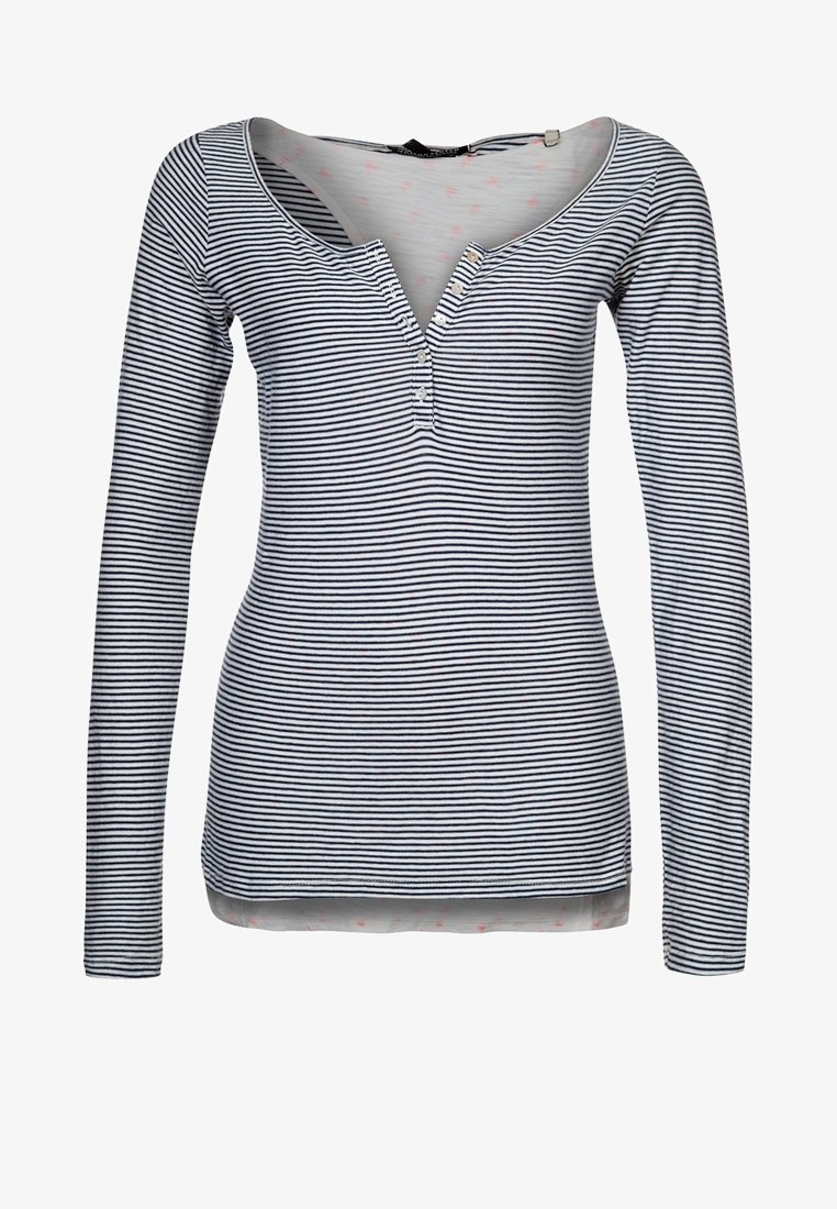 Striped long-sleeve shirt in navy and white, featuring a V-neck, three buttons at the collar, and a smooth, lightweight fabric.