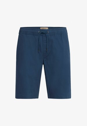 Pantaloni da bagno blu navy realizzati in tessuto leggero, dotati di una vita elasticizzata con cordino e un taglio dritto.