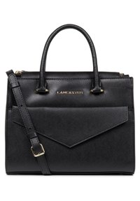 Borsa a tracolla nera in sintetico con un design strutturato, dotata di doppi manici superiori, tracolla regolabile e una tasca frontale con un flap angolare.