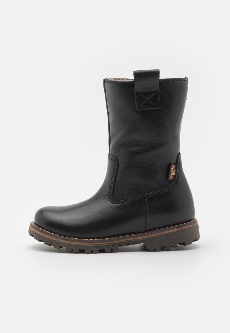 Black leather ankle boot with a textured finish, rounded toe, side stitching, and a tan rubber sole; features a pull tab on the shaft.