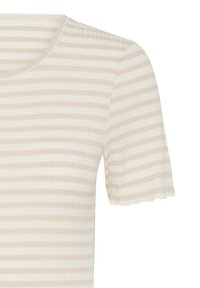 Chemise à manches courtes en tissu côtelé avec des rayures horizontales beige et blanches et des bords festonnés sur l'ourlet des manches.