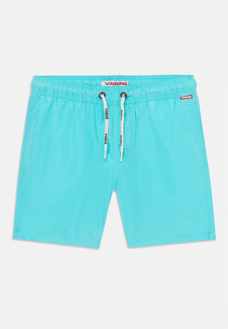 Τιρκουάζ μαγιό σορτς κατασκευασμένα από ελαφρύ υλικό. Περιλαμβάνουν ελαστική μέση με κορδόνι και μια μικρή ετικέτα λογότυπου στο πλάι.