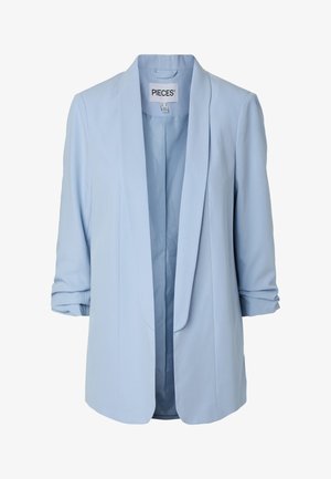 Svetlomodré dámske sako s vyhrnutými rukávmi a otvoreným predným dielom, s hladkým golierom a vnútornou podšívkou.