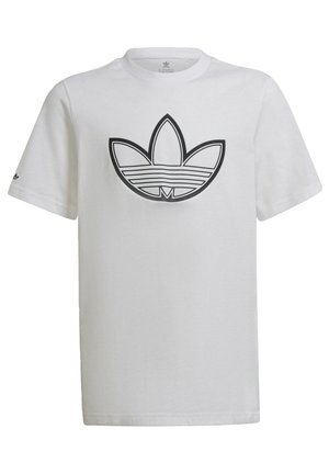 Hvid T-shirt med korte ærmer og sort omrids af Adidas Trefoil-logoet centreret på brystet samt et lille logo på venstre ærme.