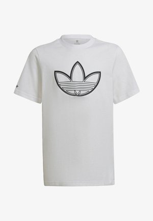 Biała koszulka z krótkim rękawem z czarnym konturem logo Adidas Trefoil na środku klatki piersiowej oraz małym logo na lewym rękawie.