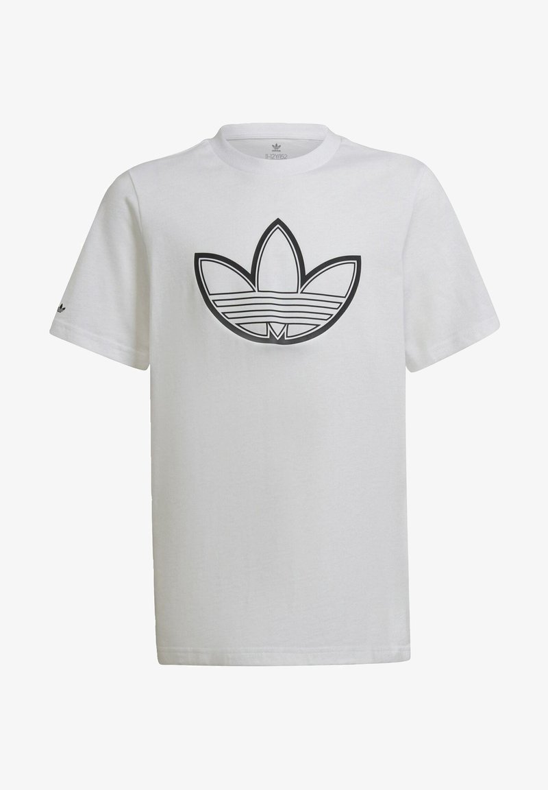 Biała koszulka z krótkim rękawem z czarnym konturem logo Adidas Trefoil na środku klatki piersiowej oraz małym logo na lewym rękawie.