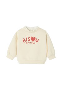 Cremefarbenes Sweatshirt mit Rüschensaum und elastischen Bündchen. Mit rotem Grafiktext "Bisou d'Amour" in verspielter Typografie. Weiche Stoffstruktur.
