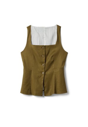 Chaleco sin mangas verde oliva con cuatro botones frontales y un forro interior blanco con finas rayas verticales.