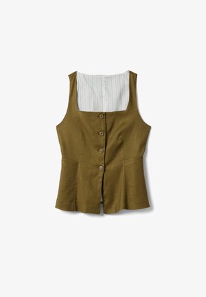 Ärmellose Weste in Olivgrün mit vier Knöpfen auf der Vorderseite und einem weißen Innenfutter mit dünnen vertikalen Streifen.